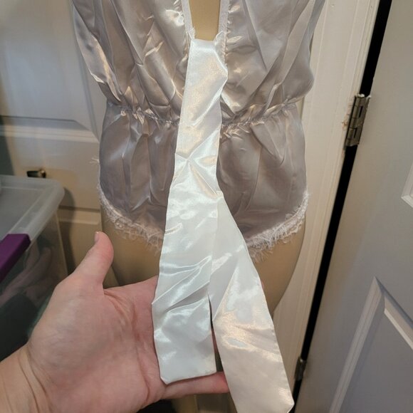 Sexy Teddy, White Satin, DeepV Front, Open Back, Trim Eyelash Lace, Belted. - Picture 4 of 14